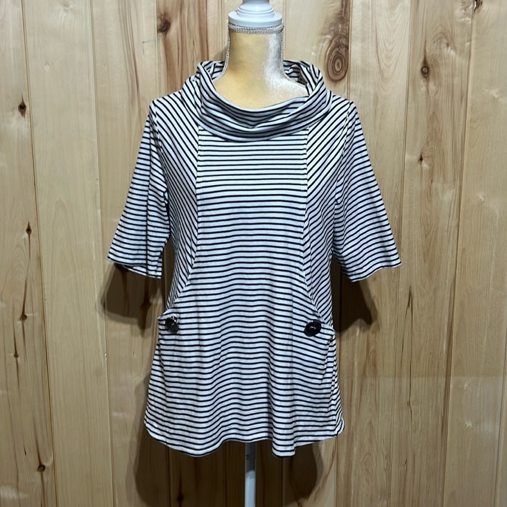 Soft Surroundings Black and White Striped Cowl Neck Top Size M